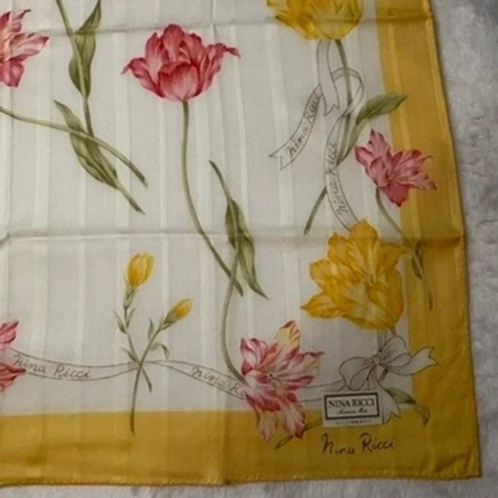 Vtg NINA RICCI Scarf Handkerchief Tulip Floral Cotton Yellow Pink 18.5